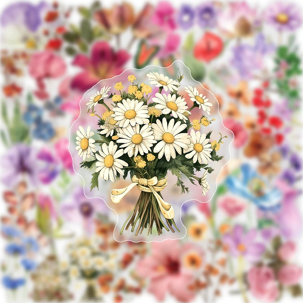 10/30/50pcs Transparent Aesthetic Flowers Plant Cartoon Stickers Decals for Stationery Guitar Helmet Cute Waterproof PET Sticker