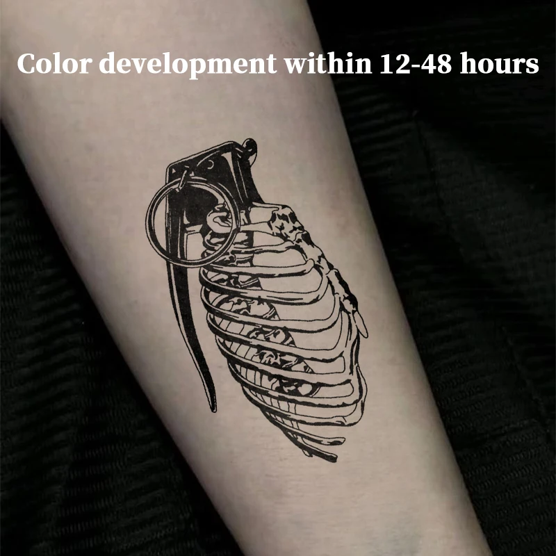 Dark Skeleton Grenade Herbal Juice Tattoo Sticker Waterproof Semi-Permanent Black Fake Tattoo for Arm Temporary Tattoo Body Deco