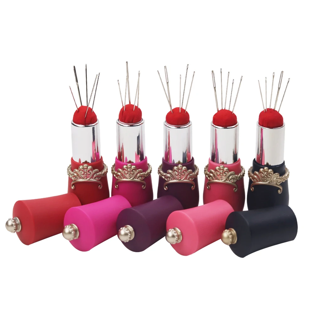 5 Stück Lippenstift-Nadelkissen, Nähnadel-Nadelkissen mit Handnadeln, drehbarer Nadelhalter für