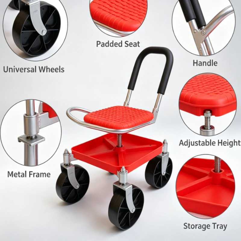 Swivel Rolling Garden Seat Adjustable Height Mobile Work Stool Universal Wheel Plant Pot Cart Gardening Supplies