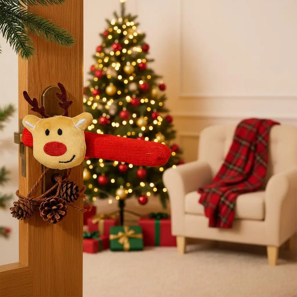Christmas Door Handle Cover Refrigerator Knobs Decor Reindeer Elk Shape Holiday Accessories Home Kitchen Party Ornament Gift