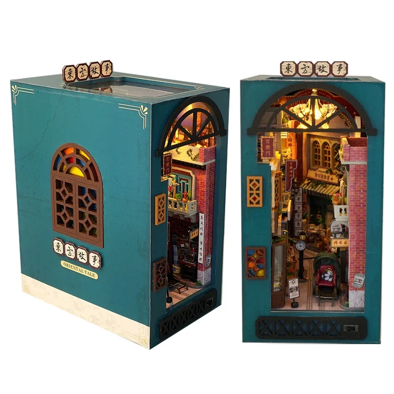 DIY Book Nook Wooden Miniature Model Kit Chinese Street View Oriental Tales Bookend 3D Puzzle Bookshelf Home Decor Friends Gifts