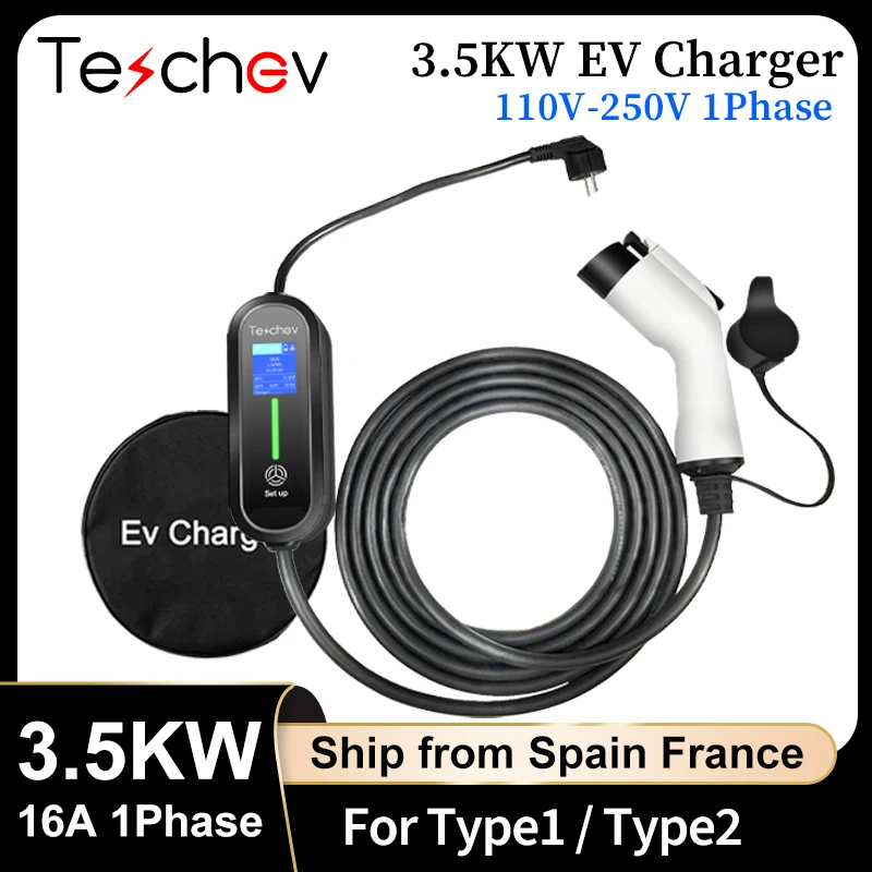 Teschev EV Charger Type2 Charger Portable Electric Vehicle Car Fast Charger 3.5KW 16A Type1 Wallbox EVSE Charger Station