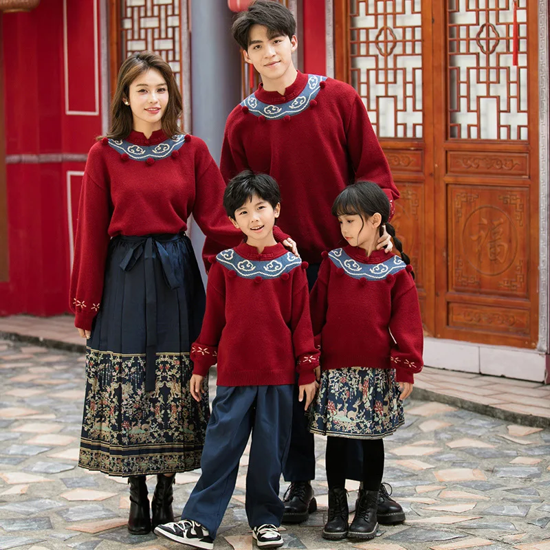 

Chinese Style Parent-Child Matching Clothes for The Whole Family Red Knit Long Sleeve Sweater Mom and Daughter Skirt Dad Son Top