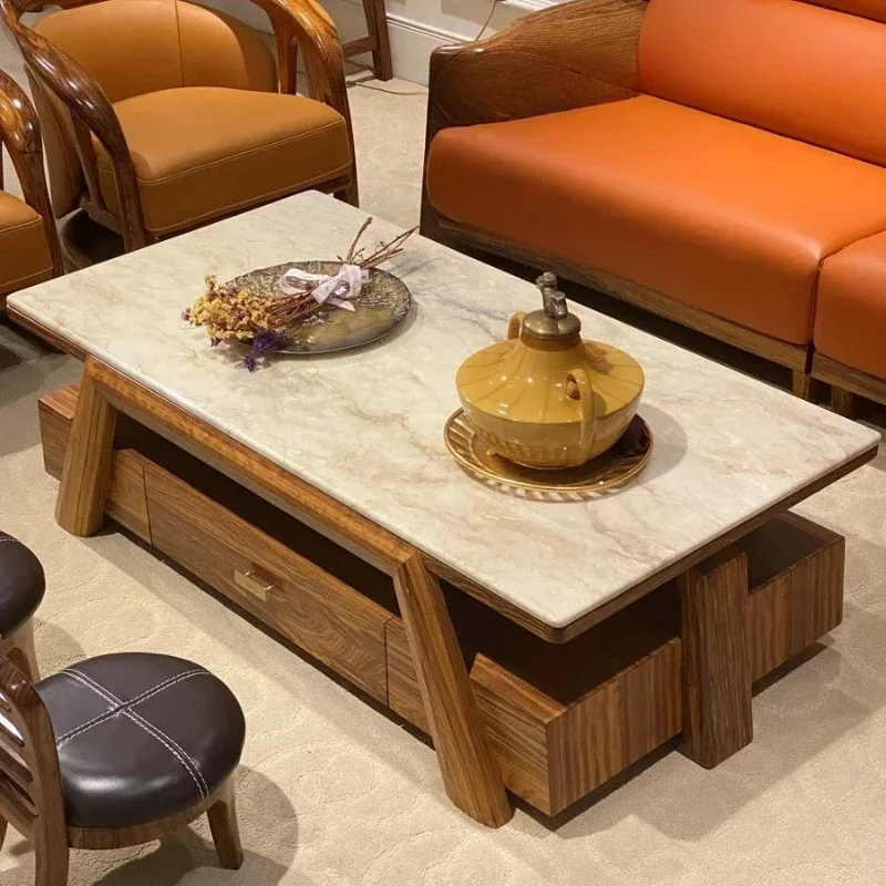 B New Chinese Style Ugyen Wooden Tea Table Modern Light Luxury Marble Coffee Table Simple Living Room Square Tea Table