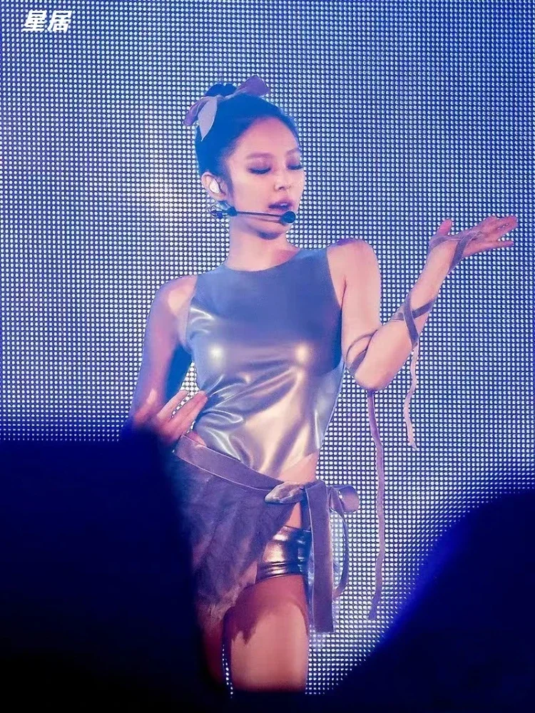 Kpop Jennie Singer Jazzdans Mouwloos Vest Crop Tops Concertoutfits Vrouwen Sexy Veterrok Toneelkostuum Festivalkleding