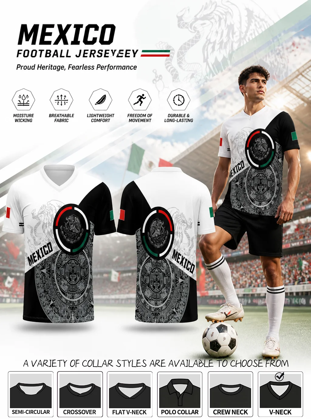 Classic Mexico emblem football short‑sleeve, moisture‑wicking fabric suitable for match‑day outfits
