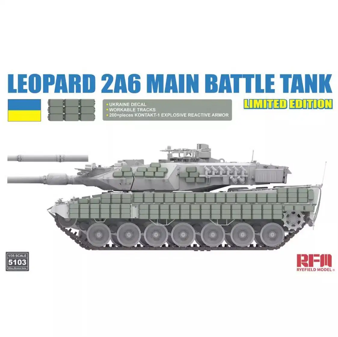 

RYEFIELD 5103 1/35 Leopard 2A6 Main Battle Tank w/Ukraine Decal & Kontakt1ERA & Workable Tracks