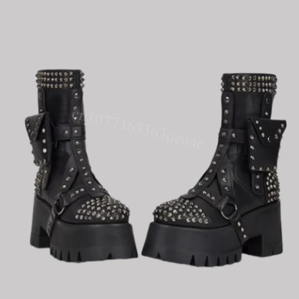 

Ботильоны с круглым декором и заклепками, карманный декор, пряжка, ремень, женская обувь в стиле панк, модная обувь с маффином, 2026 Zapatos Para Mujere