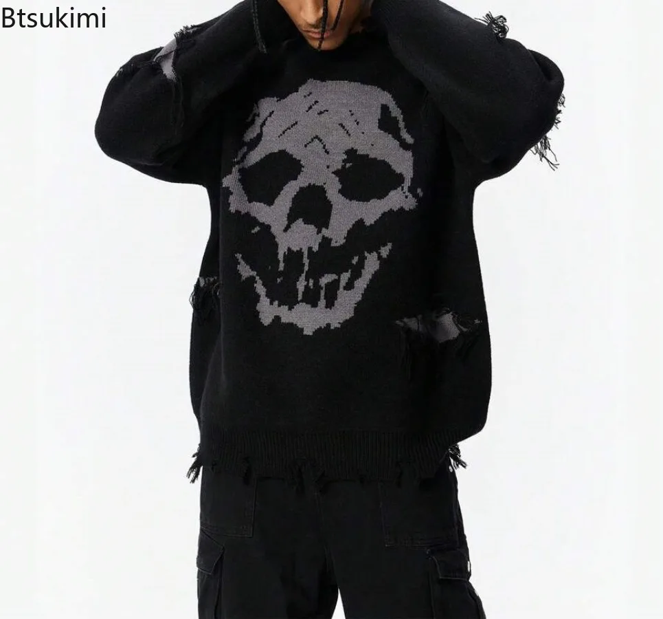 

Autumn Winter Men /Women's Hip Hop Knitted Sweater Skull Pattern Printed Jacquard Hole Loose Pullover Tops Casual Street Wear