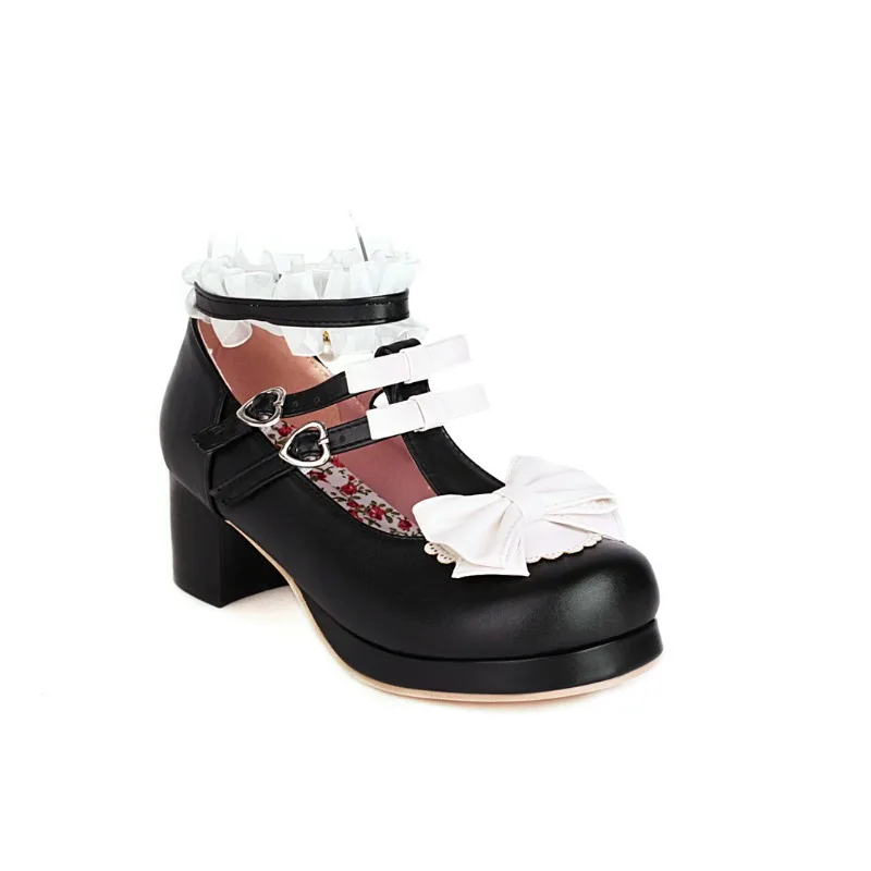 Sweet Lolita Bowknot Lace Shoes Women High Heel Bordered Princess Dress Men Pink Plus Size 34-48