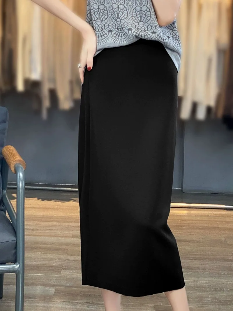 

High Waist Knitted Ice Silk Midi Skirt Women's Long Skirts Summer Straight A-Line Skirt Hip Covering Body Contouring Skirt