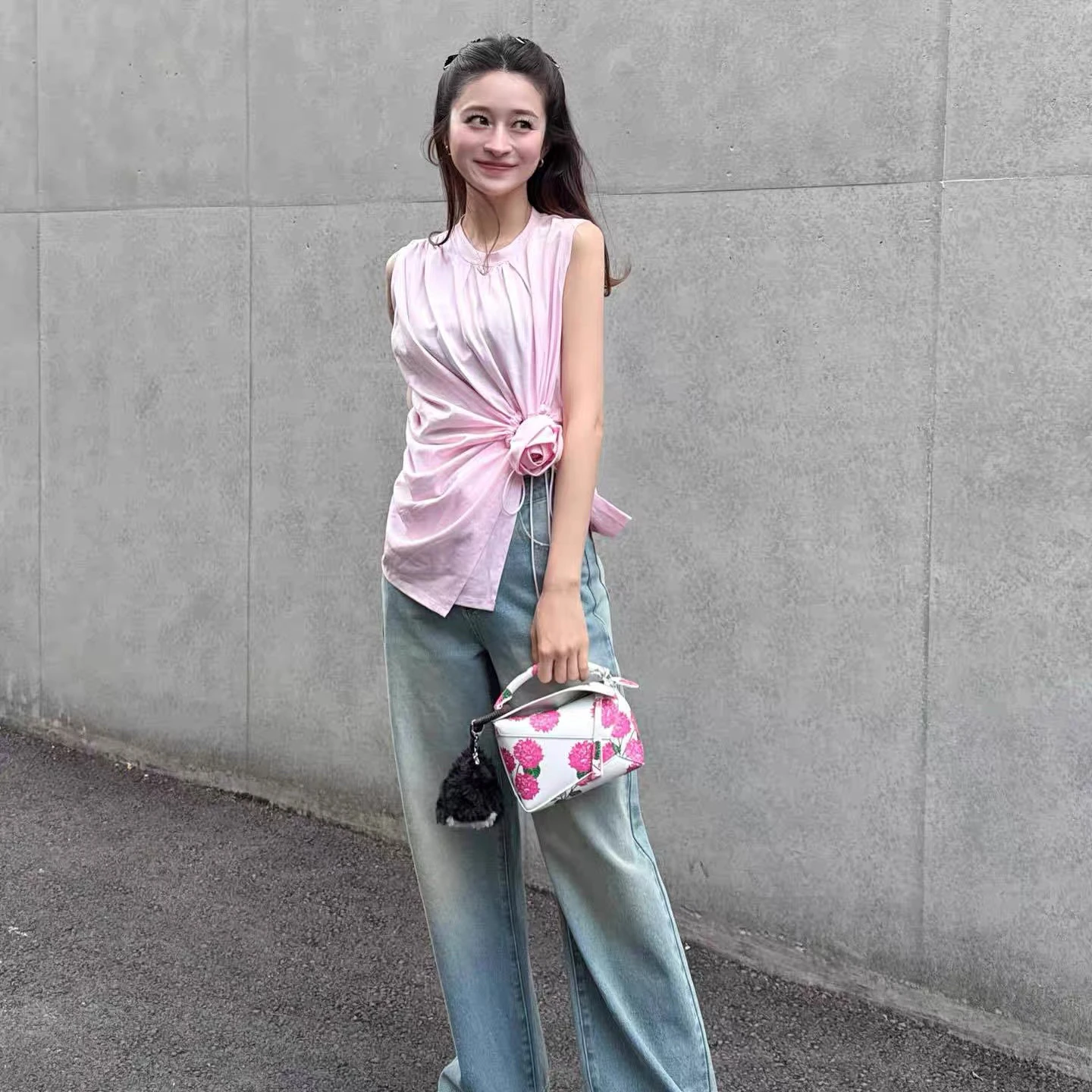 

Sweet Handmade Rose Flower Sleeveless Folded Upper Body Japanese Style 24-hour Cute Top for Women Cotton Pure Material