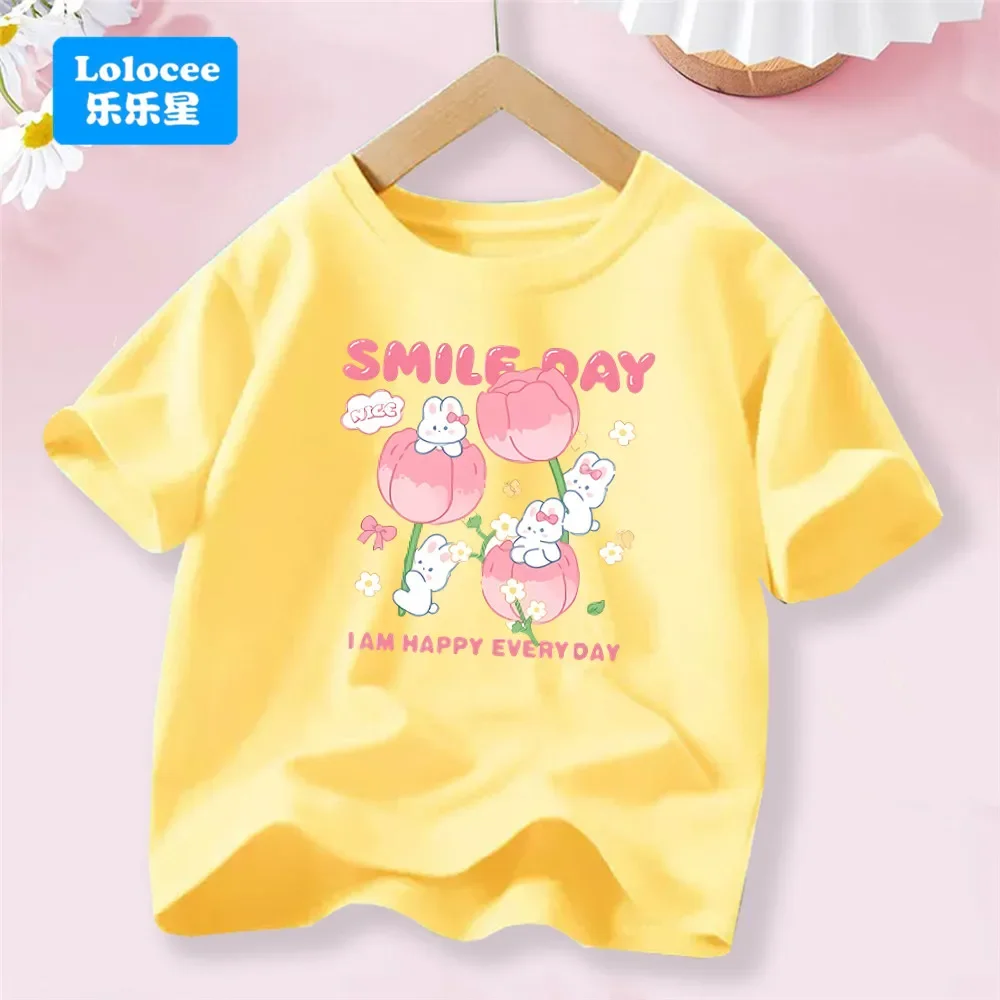 3-14T Kid Clothes Summer Cotton T Shirt Short Sleeve Top Beauty Tulip Flower and Rabbit Print Tee Childrens Candy Color Tshirt