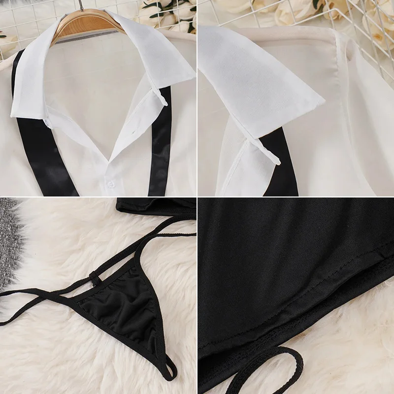 Tornova Preppy Style Sexy Uniform Sets Women Sexy Uniform Suit Sheer Top+Lace Up Mini Skirt+Thongs Hollow Cosplay Porn Suits New image 5