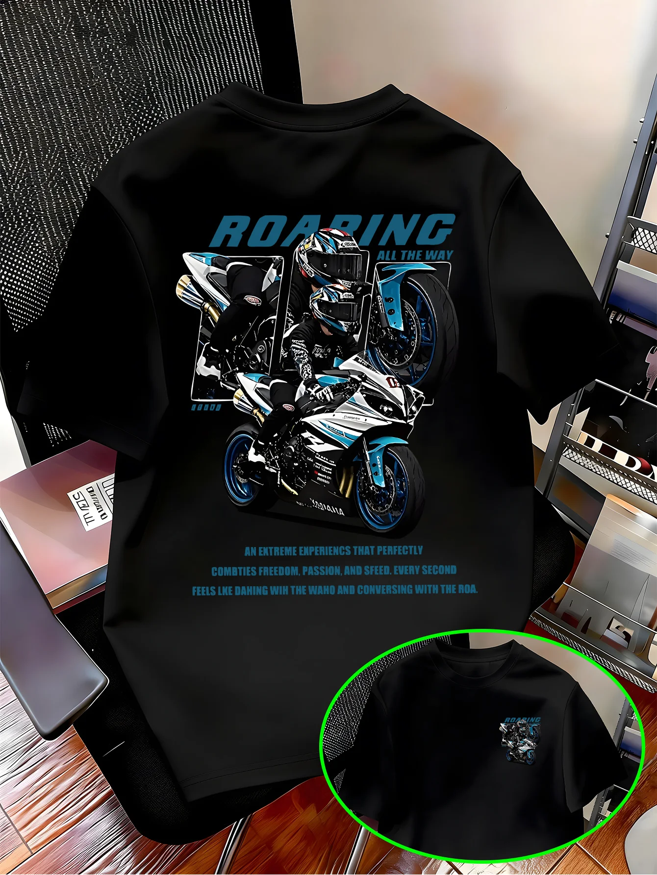 2026 New ROARING Racing Motorcycle Rider Collage Print Speed Bike Theme, Trendy Loose Unisex Street Graphic Short Sleeve Tops