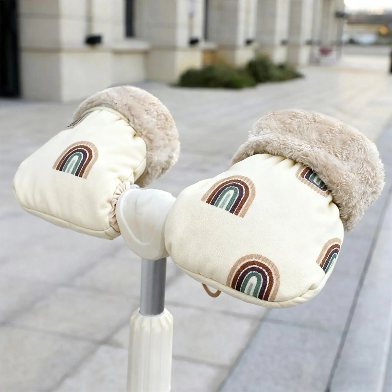 Stroller Gloves for Kids Plush Lined Windproof Hand Muff Warm with Rainbow Pattern for Baby Pushchair Pram Winter Outdoor Walk