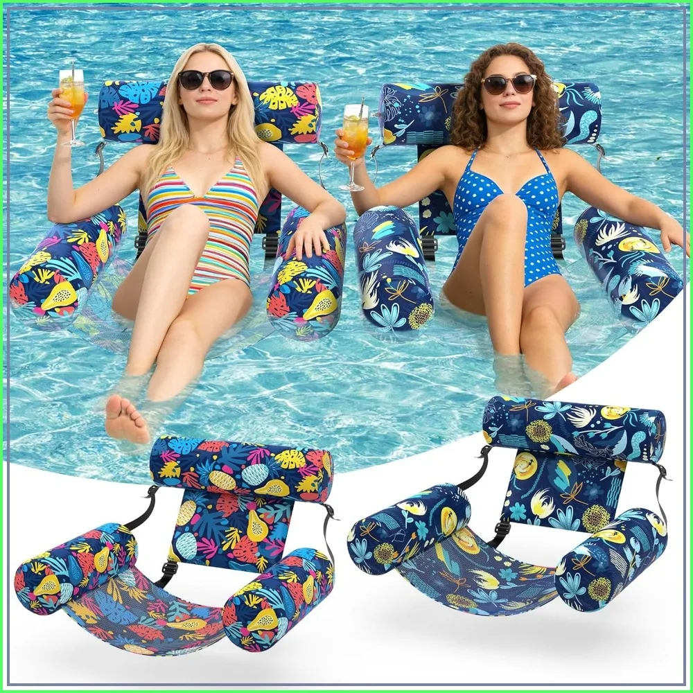 

2 Pack Inflatable Pool Chair Hammock for Adults, Heavy Duty Fabric Floats with Hawaii Flower Pattern for Pool Lake Beach Summer Fun