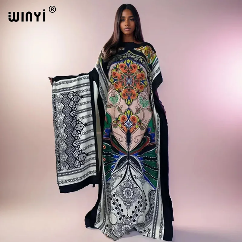 

NEW WINYI Africa 2024 loose Long Dress with belt Women summer print kaftan Casual Elegant Holiday Bohemian party dress