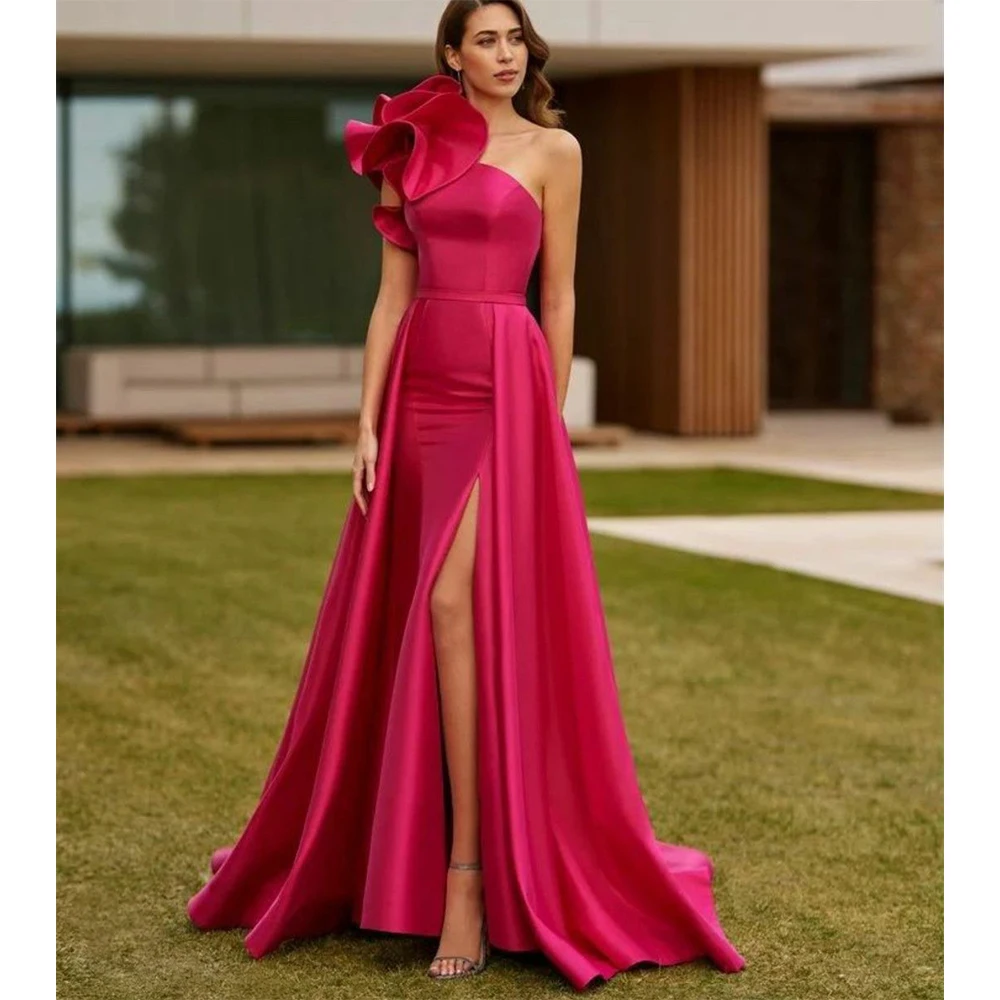

Fuchsia Satin High Slit Prom Dress With Ruffles Detachable Train Elegant One Shoulder Pleated Floor Length Party Gown For Women