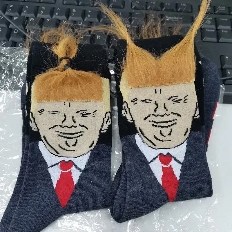 New Donald Trump Socks with 3D Fake Hair Men Crew Mens Compression Sock Streetwear Novelty Hip Hop Spoof Funny Trump Socks