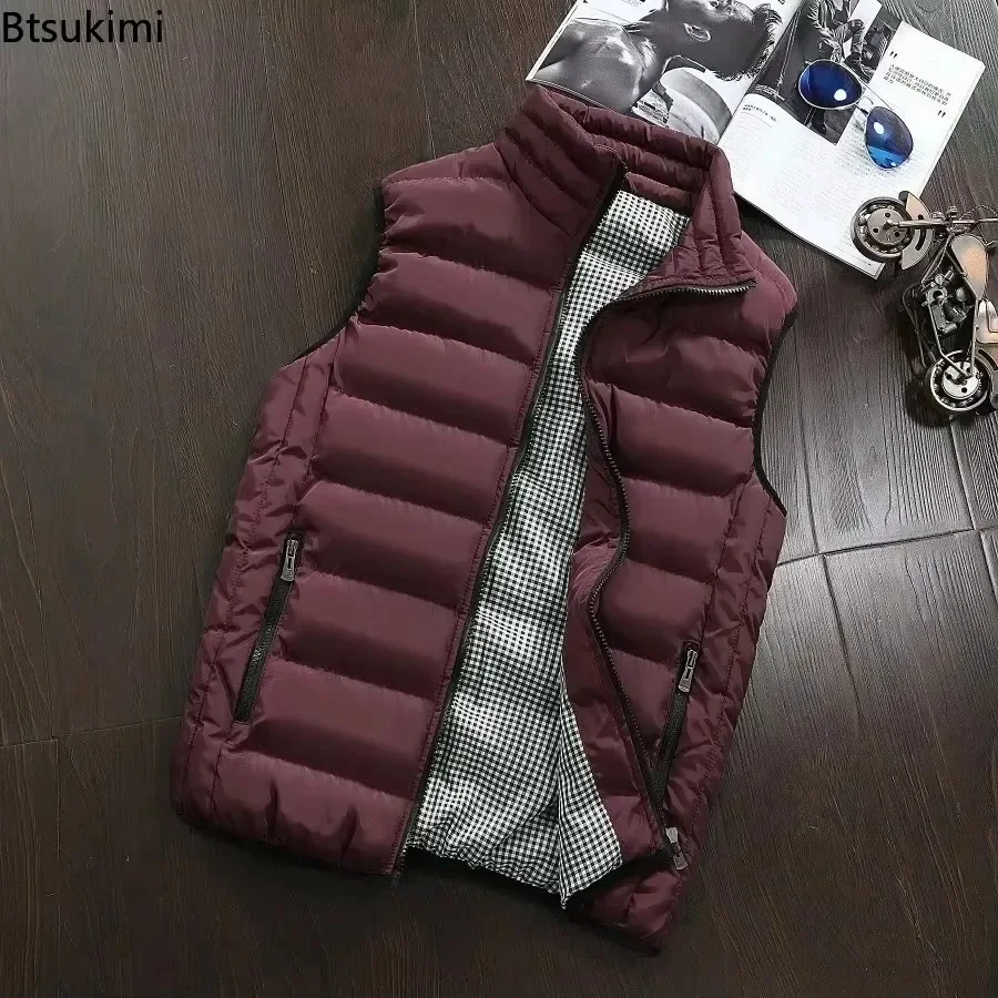 New 2025 Autumn Winter Men's Warm Vest Jacket Solid Sleeveless Down Cotton Waistcoat Jacket Male Casual Vest Coat Plus Size 5XL