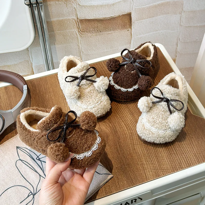 

Fashion Girls Shoe 2025 Autumn New Kid Cotton Shoe Bowknot Hairy Shoes Casual Comfort Kid Shoes Soft Sole Warm Girl Sports Shoes