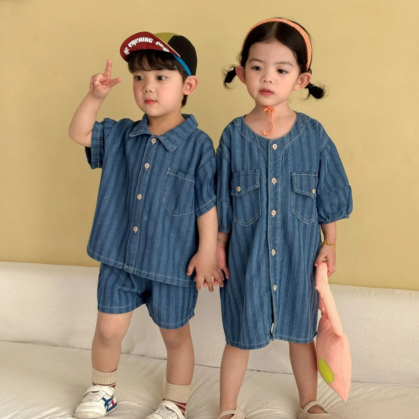 

Set 2026 Spring and Summer New Childrens Clothing Korean Style Boys and Girls Denim Shirt Shorts Dress Brother and Sister