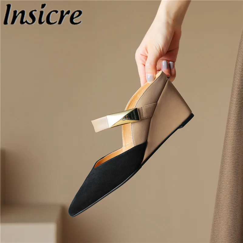 

Insicre 2023 Elegant Women Pumps Wedges Sheep Suede Cow Leather Pointed Toe Summer Shoes Thick High Heels Slipper