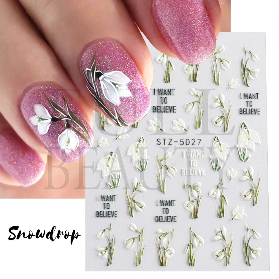 5D Schneeglöckchen geprägte Nagellack Aufkleber Tulpe Campanula Blumen Charms Aufkleber elegante florale strukturierte Maniküre Acryl Wraps