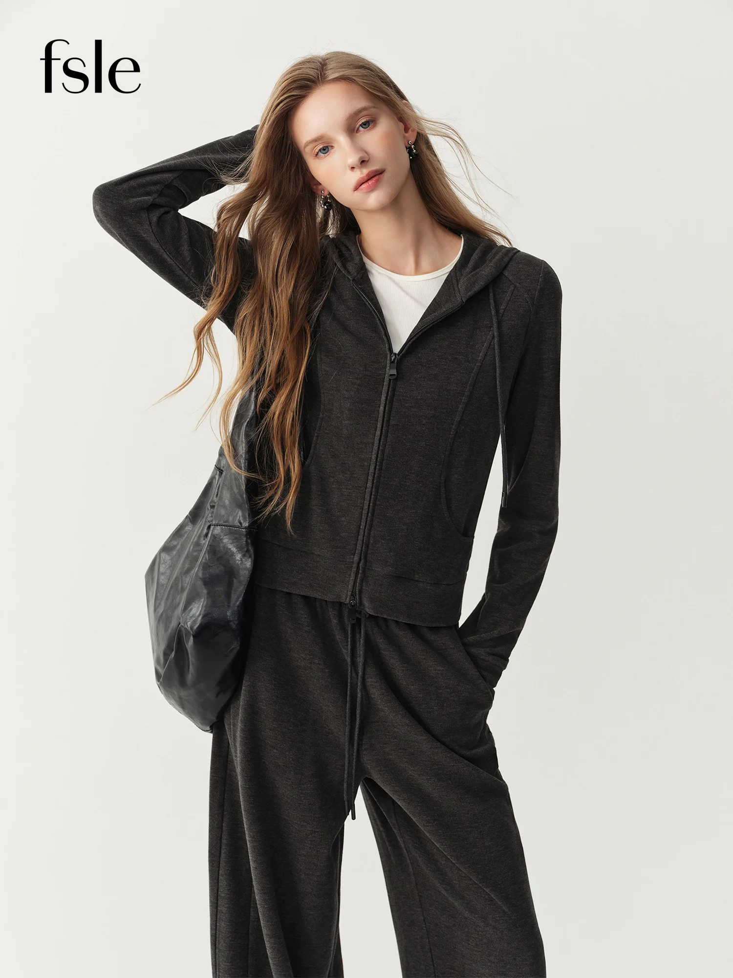 FSLE 2026 New Women's Light Sport Style Casual Hooded Knit Cardigan Jacket Two Piece Set with Draped Long Pants Trendy Outfit