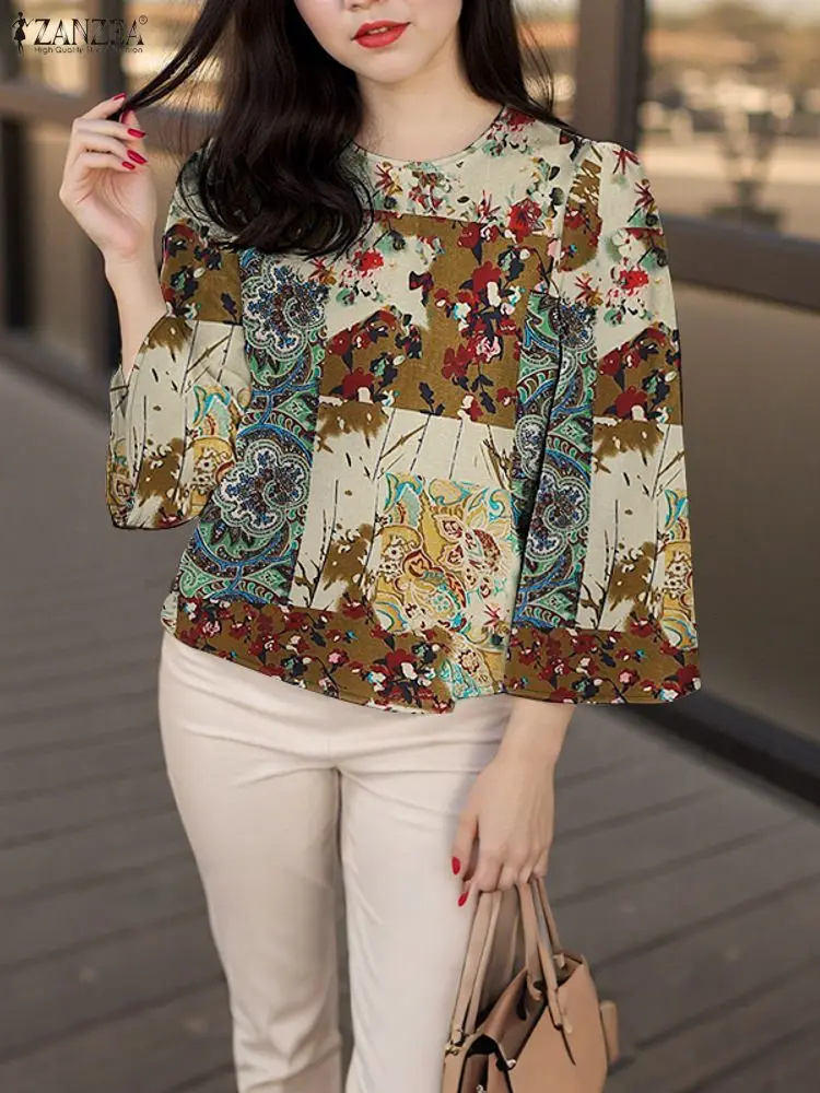 

ZANZEA, женская винтажная блузка из 100% хлопка, осенние рубашки с принтом с рукавами 3/4, мода 2025 года, элегантная уличная одежда, Blusas, топы Femininas
