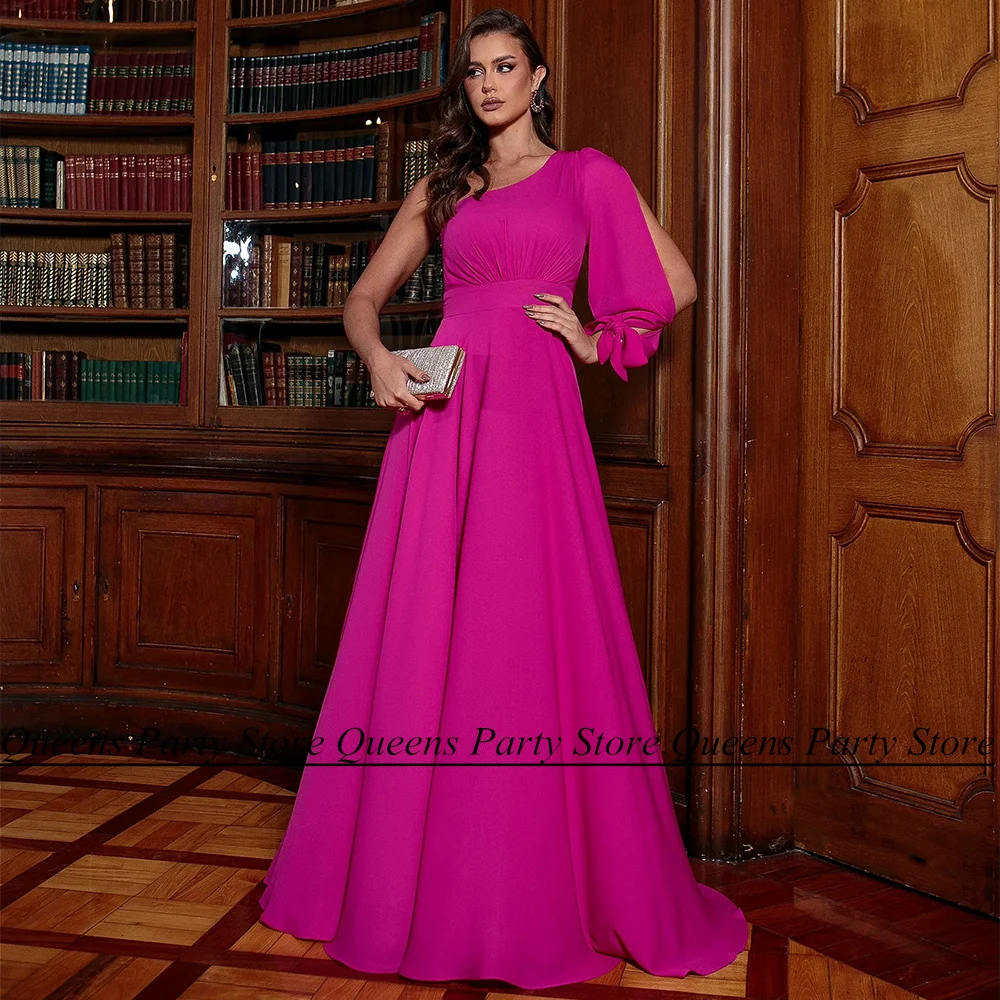 

Simple Evening Dress Dubai Party Dresses Long Sleeve One Shoulder A Line Saudi Arabic Prom Gown Sweep Train Custom Size