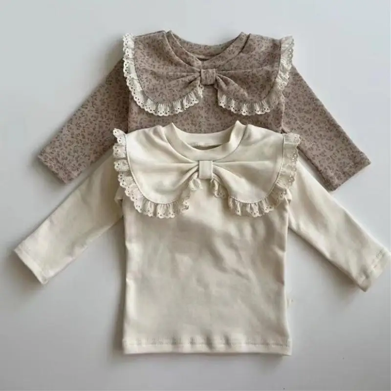 2024 Autumn New Baby Girl Lace Bow Lapel Bottoming Shirt Cotton Toddler Vintage Floral Infant Girl Princess Long Sleeve Tops