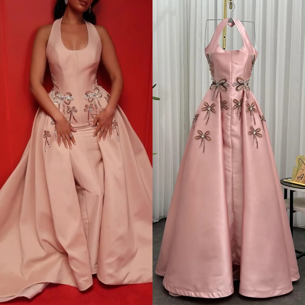 

Customized Modern Style Beading Sequined Bow A-line Halter Long Dresses Bespoke Occasion Dresses Elegant High Quality Pastrol