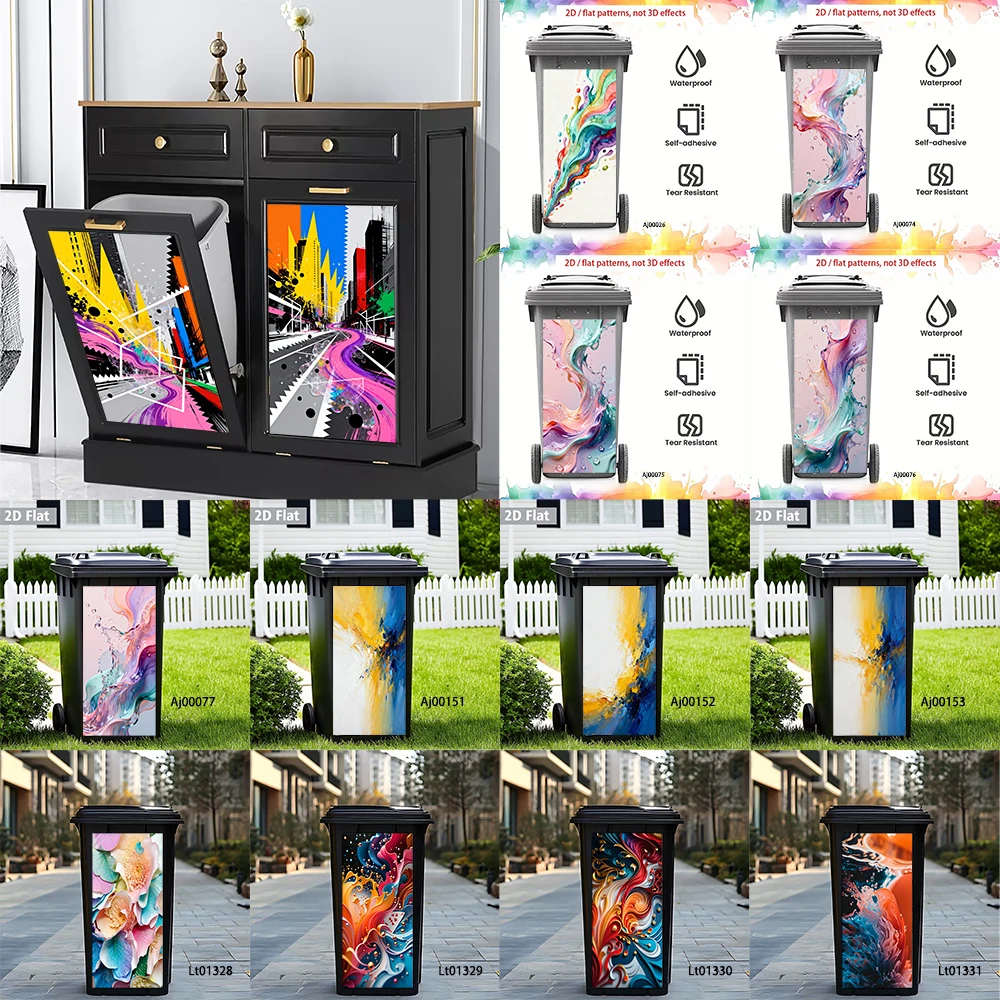 

Vibrant Abstract Fluid Art Trash Can Sticker, Colorful Swirl Design Waterproof Removable Outdoor Garbage Bin Decor
