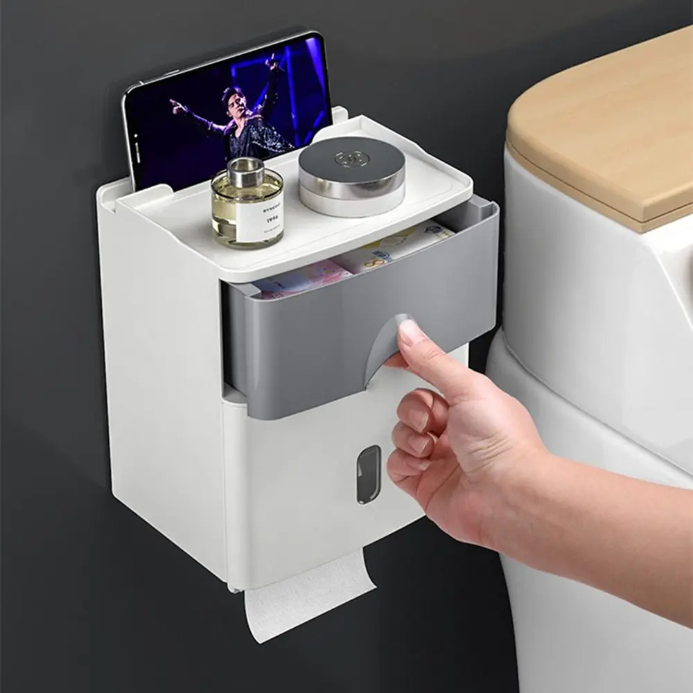 

Wall-Mounted No-drill with Storage Drawer Waterproof Toilet Roll Organizer Toilet Paper Holder Tissue Storage Box Napkin Holder