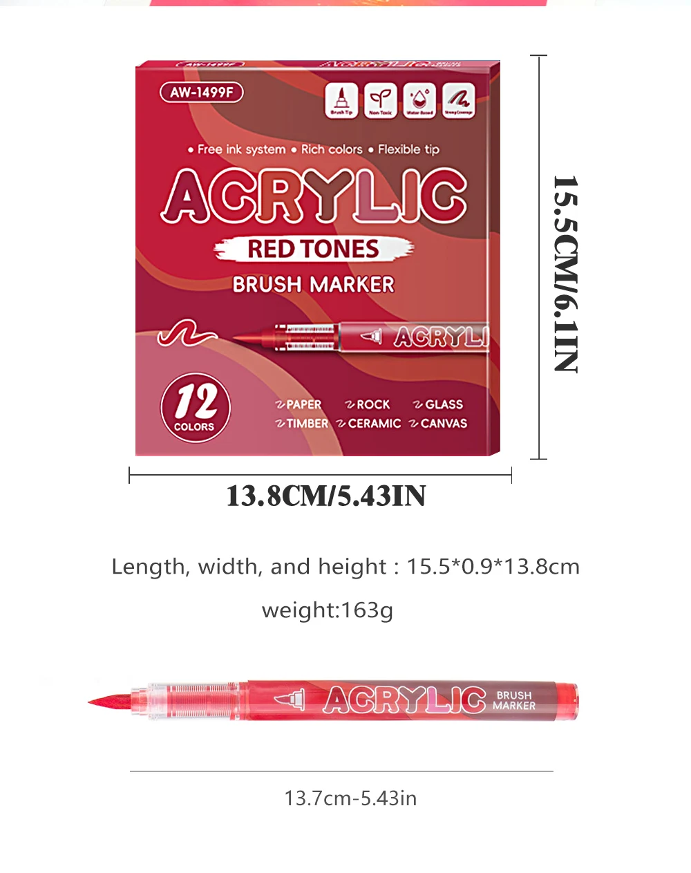12 Colors Acrylic Markers Red Series Soft Pen Tip for Christmas Painting Comic Drawing Coloring DIY CD Shoes Stone Art Supplies