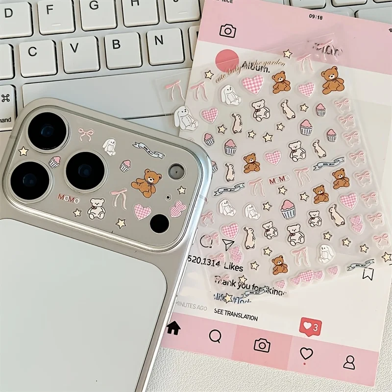 Niedliche Kawaii-Handy-Aufkleber mit geprägtem Motiv, Cartoon-Bär, Hase, Schleife, Stern, Erdbeere, Herz, DIY-Handyzubehör – Detail 1