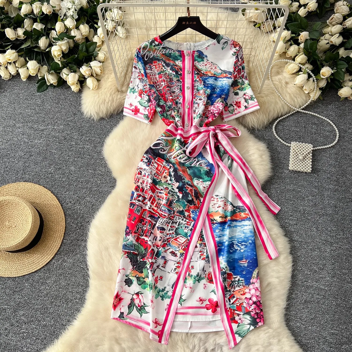 New 2025 Spring Summer Holiday Lace Up Wrap Dress Vintage Women O Neck Short Sleeve Flower Print High Waist Irregular Knee Dress