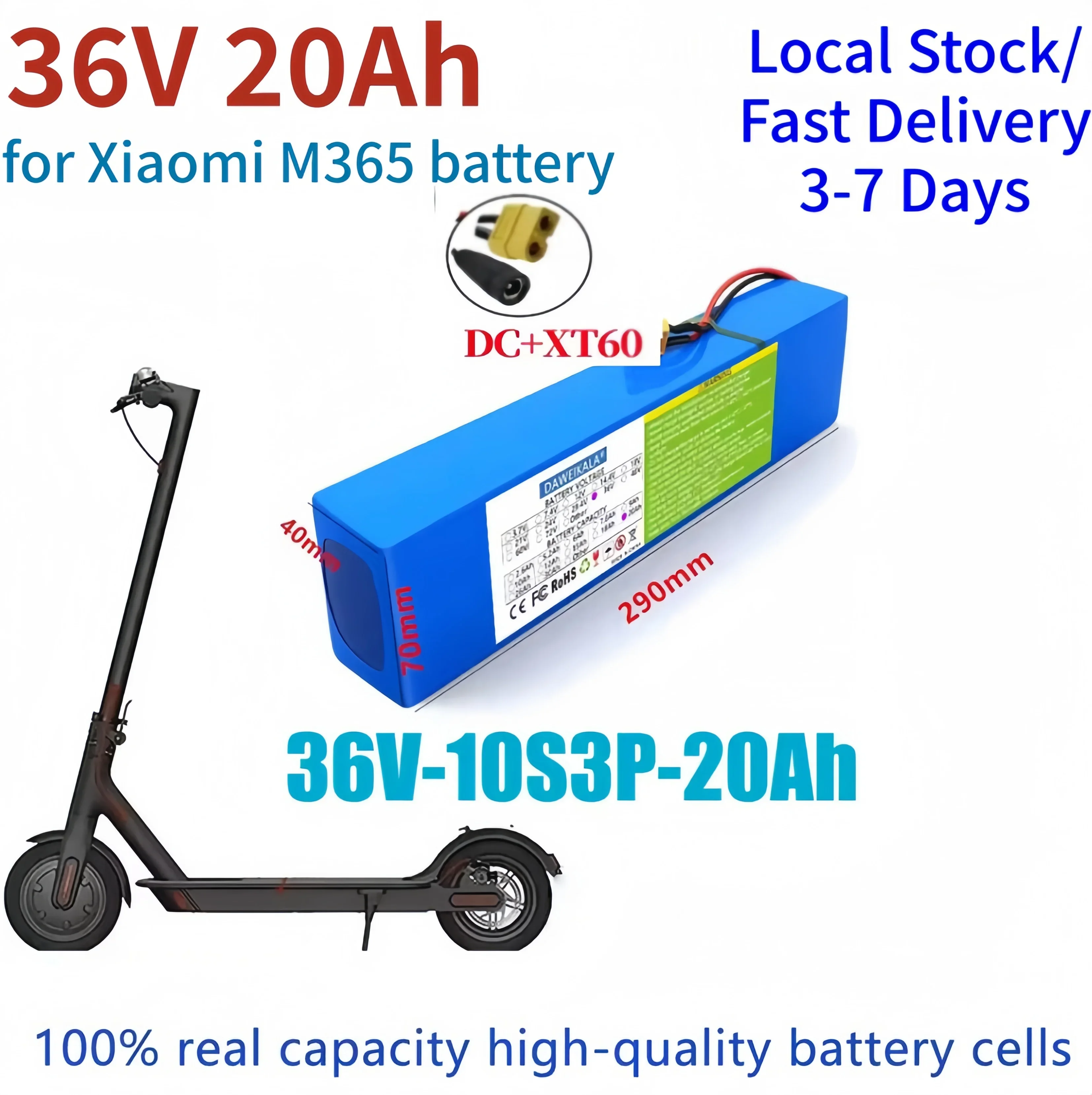 36V 10S3P 20Ah E-Scooter-Akkupack 18650 Lithium-Akku 500W Hochleistung Standard XT60 + DC-Stecker