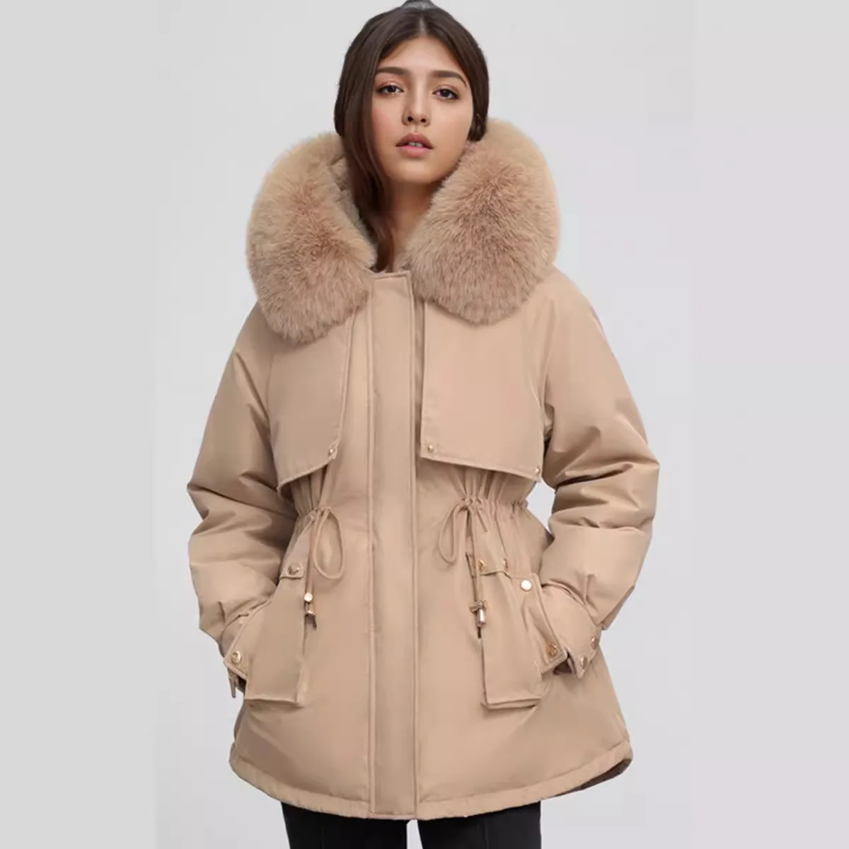 Women\'s Padded Jacket 2024 Winter Women\'s Cotton Jacket Fur Collar Thicken Warm Parkas Coats Female Pure Color Thicken Coats