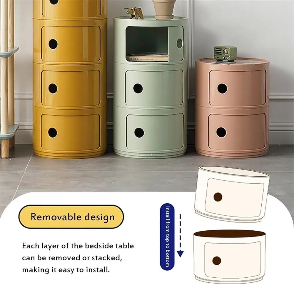

Small Round Nightstand with Slide Drawers Plastic Bathroom Cabinet Bedside Table with Storage Side Table for Living Room Bedroom