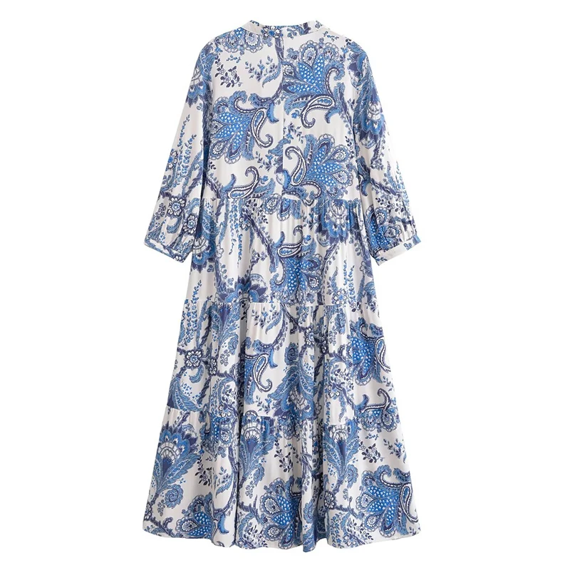 Keyanketian 2025 novo estilo étnico feminino totem impressão viscose mini vestido de três quartos manga com decote em v em camadas uma linha vestidos longos