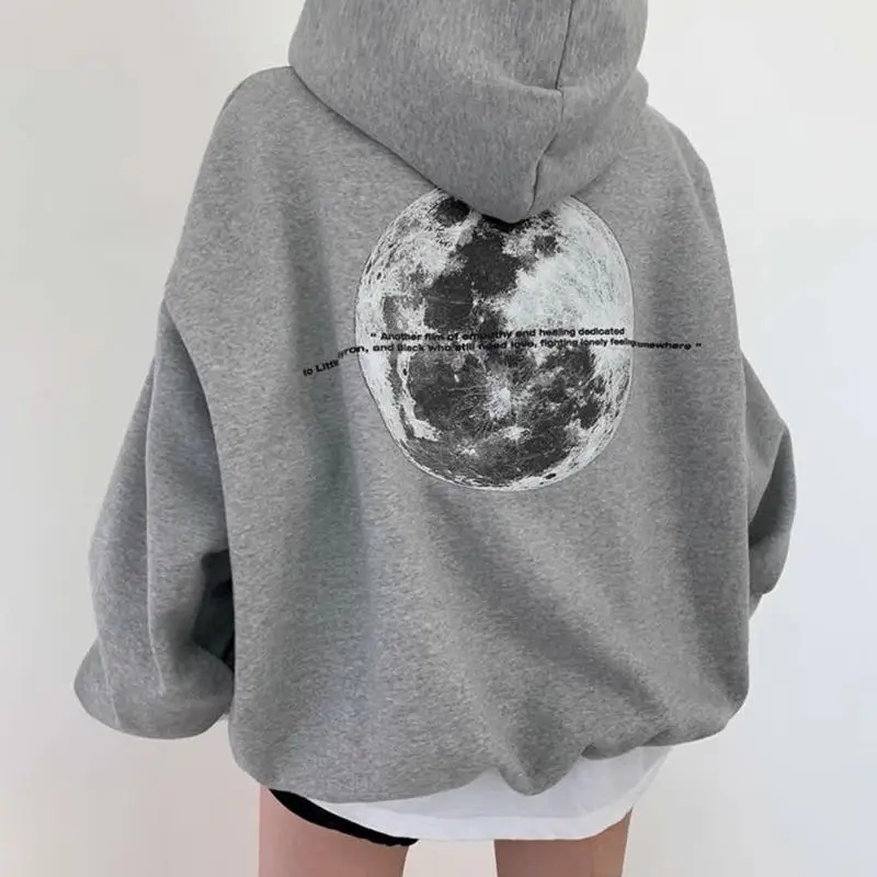 

New High Quality Internet Celebrity Moon Print Hoodie Autumn and Winter Warm Windproof Men and Women Long Sleeves