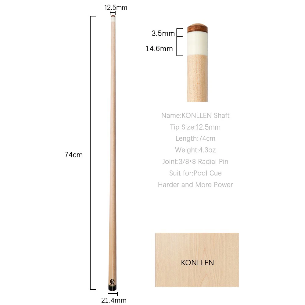 KONLLEN 솔리드 메이플 우드 기술 상대 당구 풀 큐대 키트 상대 3/8*8 방사형 핀 조인트 12.9mm 팁 탄소 섬유 튜브 상대