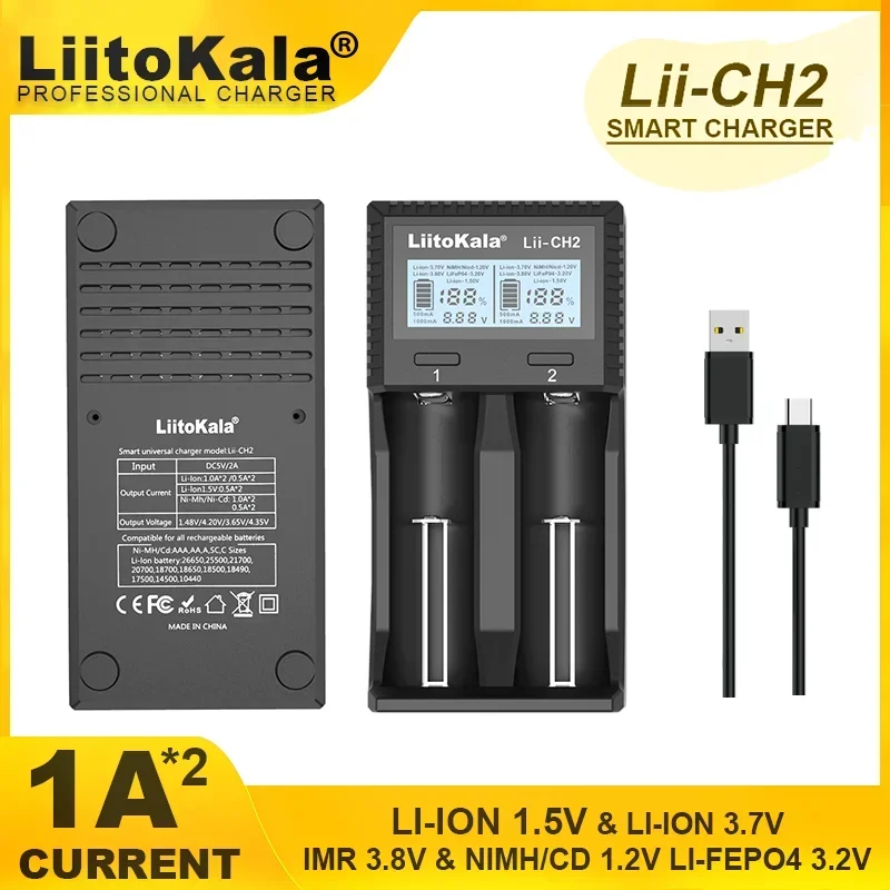 1-5PCS LiitoKala Lii-CH2 1.5V AA AAA Li-ion Lithium Rechargeable Battery Smart Charger For 3.2V 3.7V 18650 21700 26650 18350