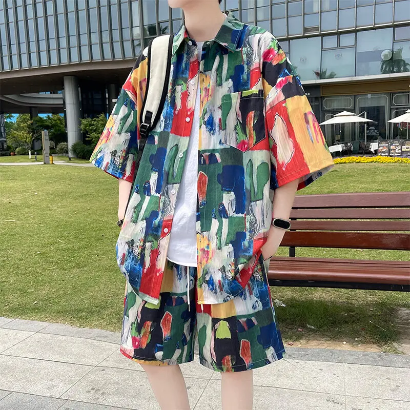 

2025 Summer New Men's High Quality Fashion Printed Shirt+Shorts Beach Versatile Men's Set
