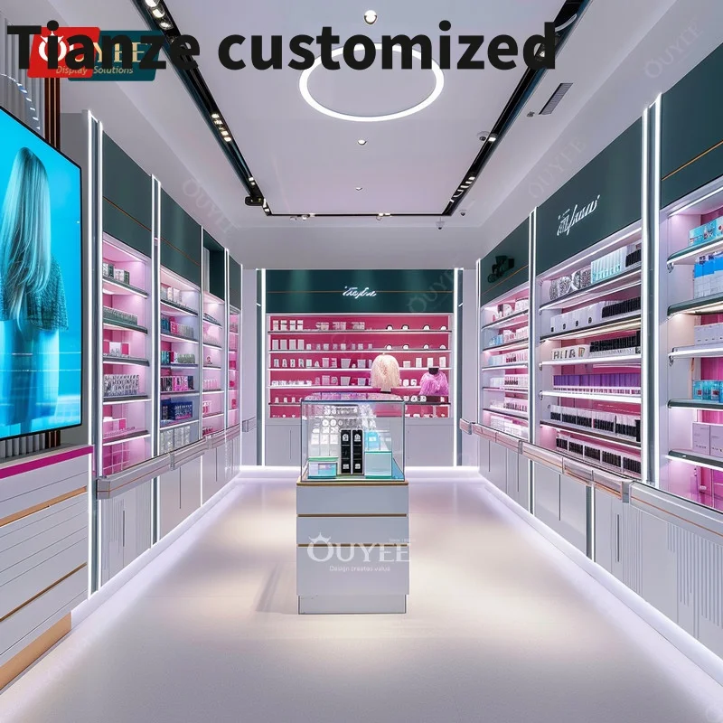 Customized-High Quality Cosmetics Display Rack Perfume Wall Cabinets Wall Wig Hanger Pink Store Beauty Display