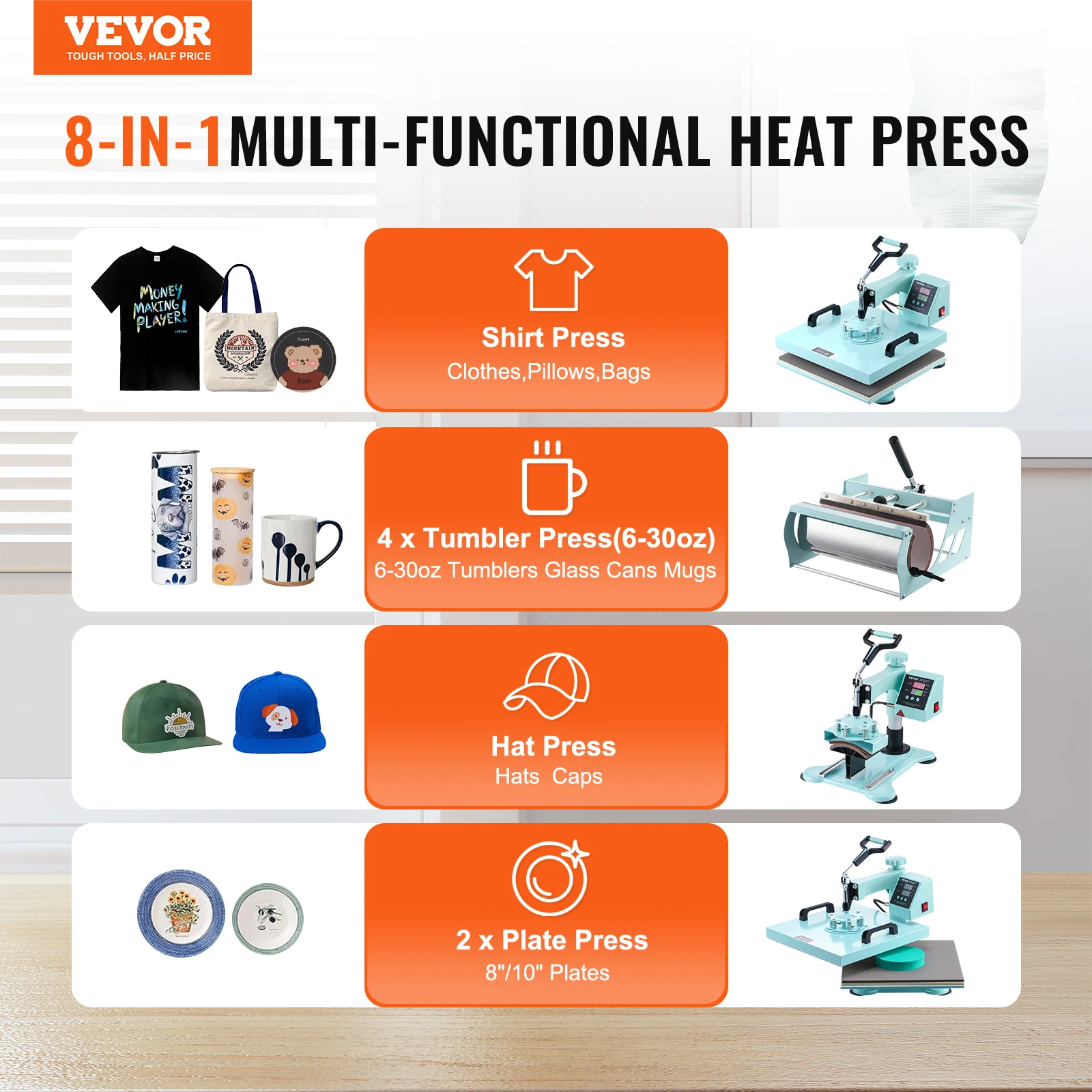 VEVOR Heat Press Machine 15x15 inch 8in1 Heat Transfer Machine with 6-30 oz Tumbler Press Digital Control for T-Shirts/Mugs/Hats